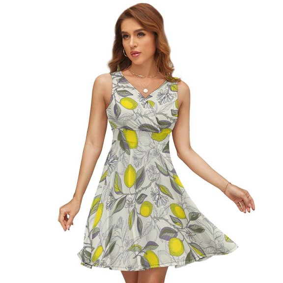 Lemon Pattern Women's Tank Dress V Neck Sleeveless Summer Sundress