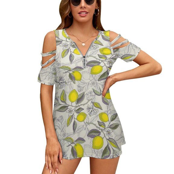 Lemon Pattern Womens Summer V Neck Zipper Top Short Sleeve T Shirt Off Shoulder Top Casual Classy Loose Shirts