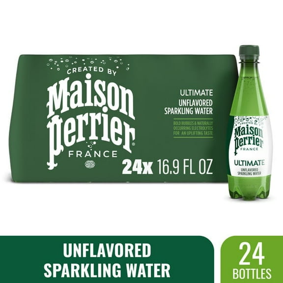 Maison Perrier Ultimate Sparkling Water 16.9 fl oz Bottles (Pack of 24) Unflavored, Zero Calories, Bottled in France