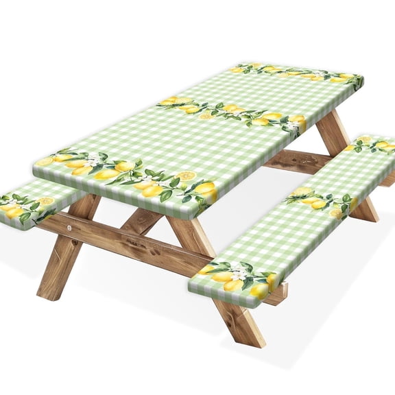 Lemon Picnic Table Cover with Bench Covers,Country Botanical Fruit Green White Check Party Decor,Elastic Fitted Tablecloths for 5 Ft Rectangle Tables and Seats,with Drawstring Bag(30x60 Inches)