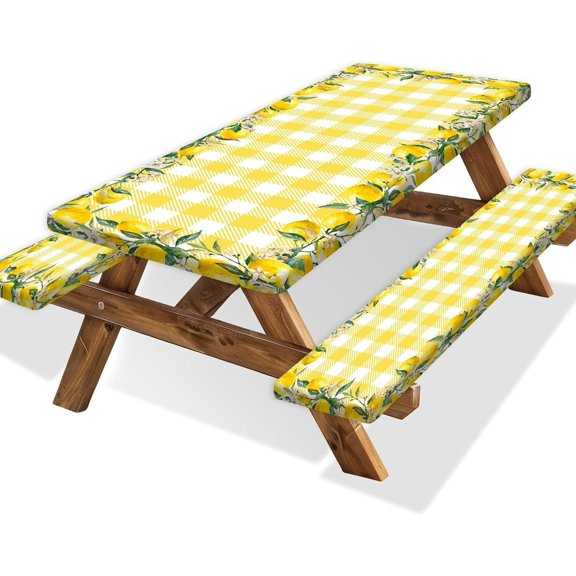 Lemon Picnic Table Cover Set with Bench Covers Yellow Fruit Plaid Print Tablecloth Fitted Picnic Table Cover with Elastic Windproof and Waterproof Fabric, Camping Accessories Patio & Outdoor 72x30ni