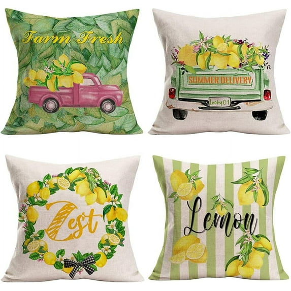 Lemon Pillow Covers Farmhouse Summer Fruit Lemon Wreath Decorative Throw Pillow Case Vintage Truck Stripe Cushion Cover for Sofa Bedroom Outdoor Decor 20" x 20" Set of 4 (Lemon, 20" x 20")