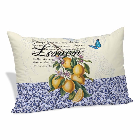 Lemon Pillow Covers, Linen Long Throw Pillow Case, Summer Vintage Yellow Fruits Italy Blue Textured Holiday Pillow Protector Decorative Cushion Cover for Living Room/Bedroom 20" x 26"