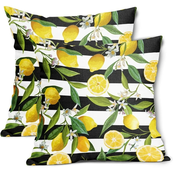 Lemon Pillow Covers Set of 2 18x18 Inch Summer Fruit and Floral Black and White Stripe Cotton Linen Decorative Throw Pillow Case Cushion Cover for Bedroom Sofa Living Room Couch Chair Office