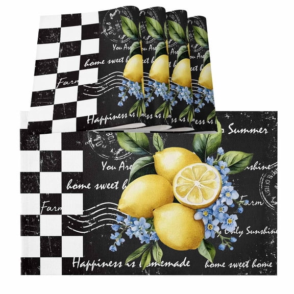 Lemon Placemats for Dinning Table Set of 6, Spring Summer Black White Checkered Plaid Burlap Kitchen Place Mats Waterproof Cloth Table Mats, Indoor Outdoor Placemats Easy Clean Dinner Decor