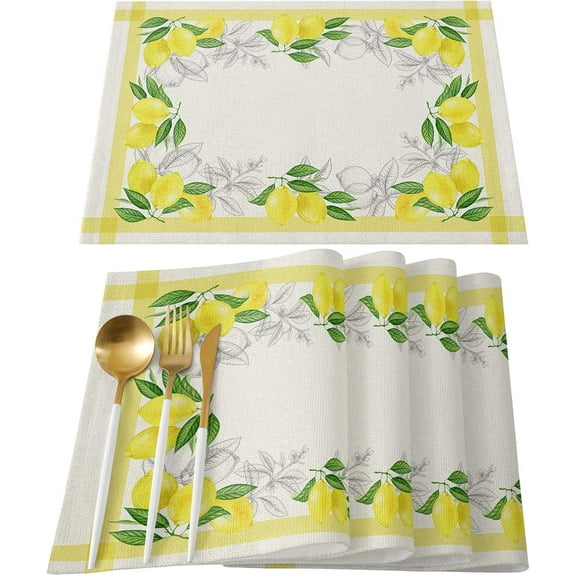 Lemon Placemats Set of 6,Non Slip Washable Table Mats Set, Watercolor Summer Fruit Lemon with Green Leaves Yellow Table Placemats for Kitchen Dining Table,Wedding Holiday Party Decoration