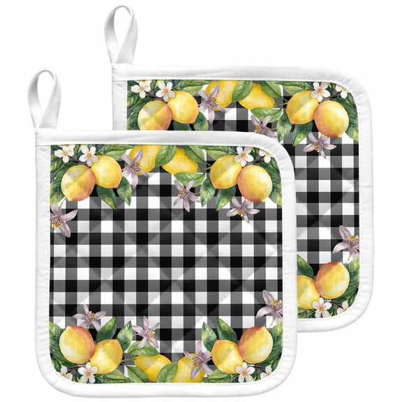Lemon Pot Holders for Kitchen Heatproof Potholder, 2 Pack Black Plaid Check Yellow Fruit Flower Floral Hot Pads Multipurpose Oven Pads Cloth Potholders Trivet for Cooking and Baking