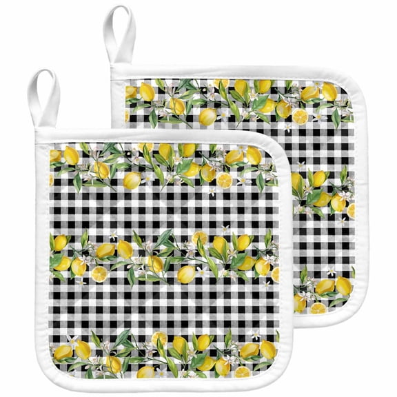 Lemon Pot Holders for Kitchen Heatproof Potholder, 2 Pack Farmhouse Summer Botanical Fruit Black White Plaid Hot Pads Multipurpose Oven Pads Cloth Potholders Trivet for Cooking and Baking