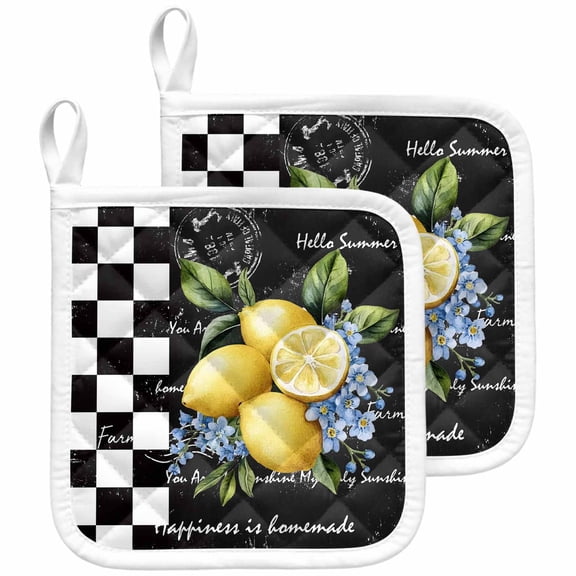 Lemon Pot Holders for Kitchen Heatproof Potholder, 2 Pack Spring Summer Black White Checkered Plaid Hot Pads Multipurpose Oven Pads Cloth Potholders Trivet for Cooking and Baking