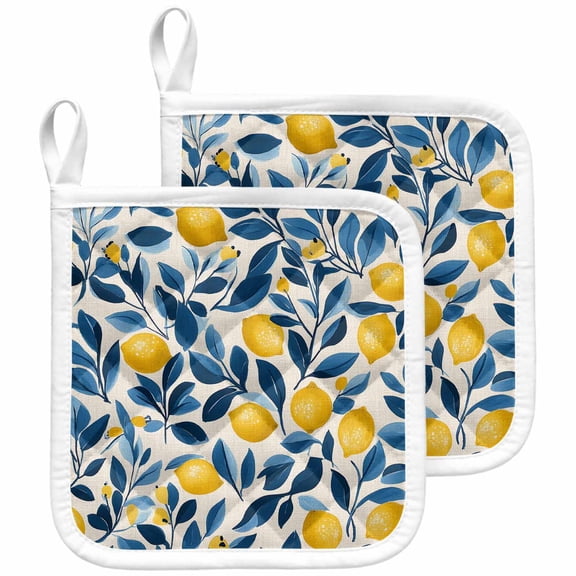 Lemon Pot Holders for Kitchen Heatproof Potholder, 2 Pack Watercolor Yellow Blue Fruit Branch Flower Hot Pads Multipurpose Oven Pads Cloth Potholders Trivet for Cooking and Baking