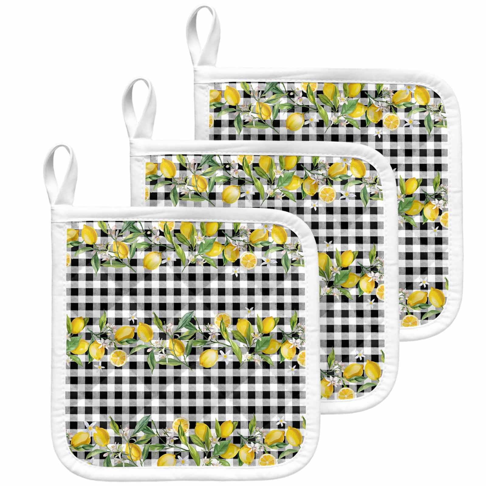 Lemon Pot Holders for Kitchen Heatproof Potholder, 3 Pack Farmhouse Summer Botanical Fruit Black White Plaid Hot Pads Multipurpose Oven Pads Cloth Potholders Trivet for Cooking Baking