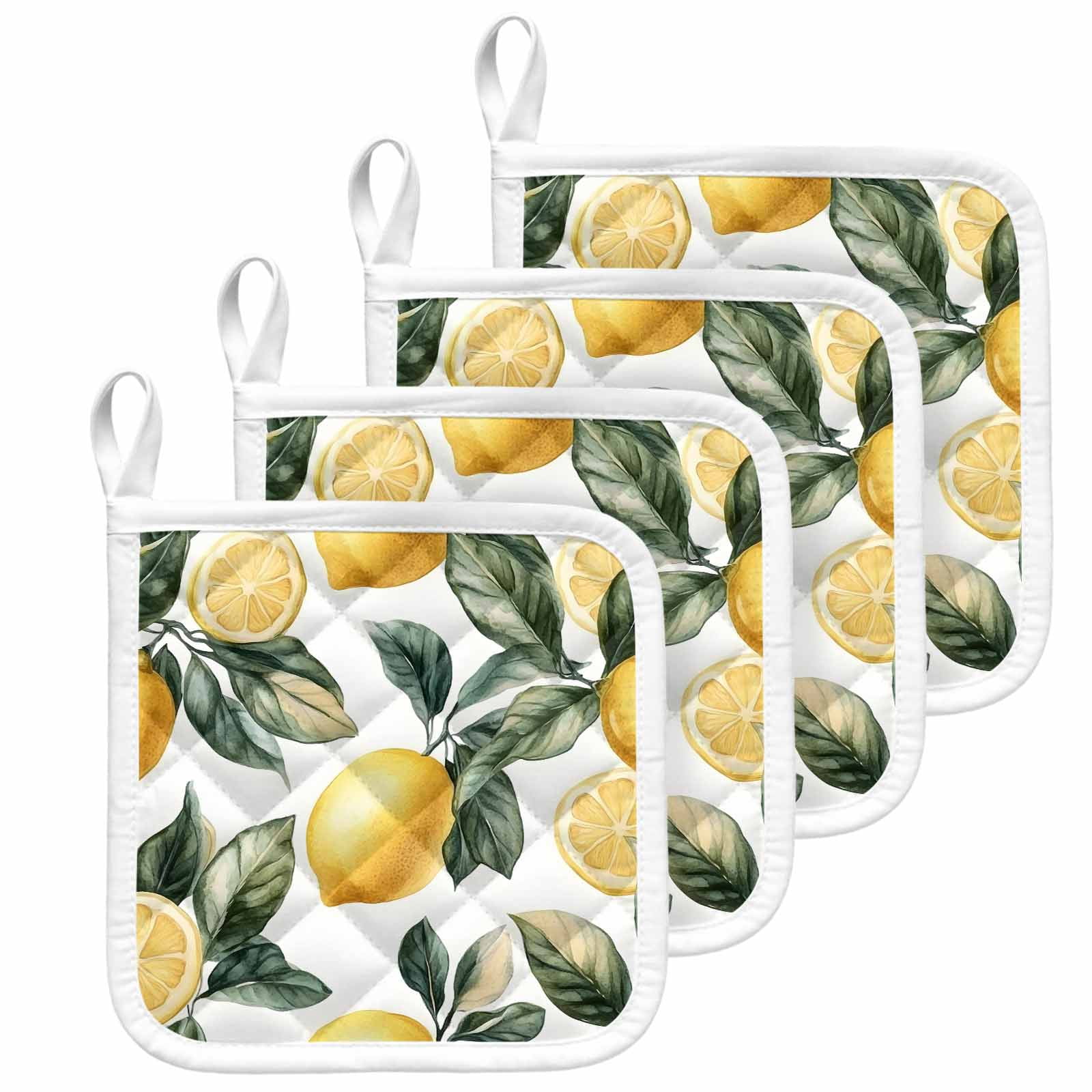 Lemon Pot Holders for Kitchen Heatproof Potholder, 4 Pack Summer Yellow Fruit Country Spring Leaf Plant Hot Pads Multipurpose Oven Pads Cloth Potholders Trivet for Cooking and Baking