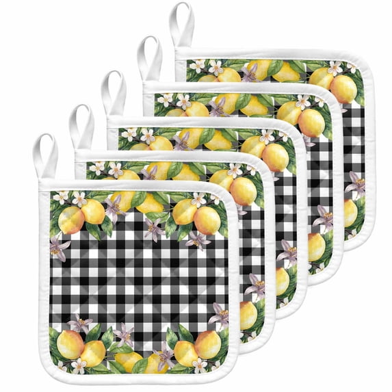 Lemon Pot Holders for Kitchen Heatproof Potholder, 5 Pack Black Plaid Check Yellow Fruit Flower Floral Hot Pads Multipurpose Oven Pads Cloth Potholders Trivet for Cooking Baking