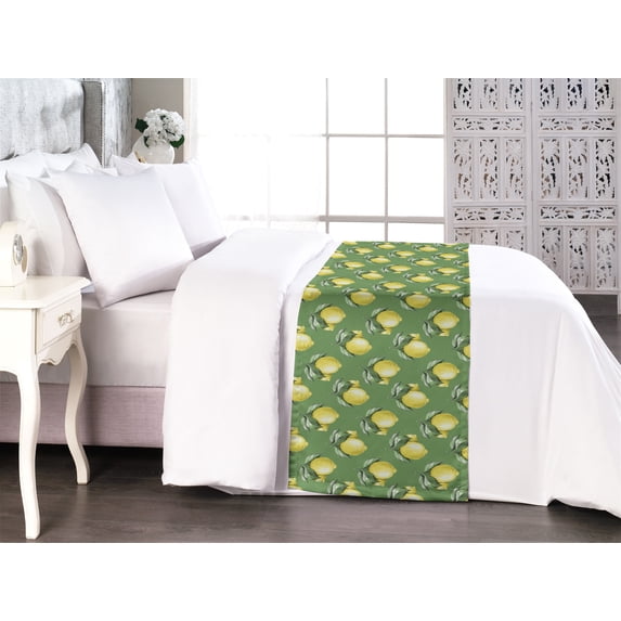 Lemon Print Bed Runner, Vintage Design Citrus Fruit Pattern Repetitive Garden Inspired Art, Decorative Accent Bedding Scarf for Hotels Homes & Guest Rooms, Queen, Fern Green and Yellow, by Ambesonne