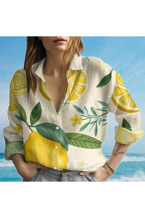 Lemon Print Blouse Shirt,Summer Fruit Women Shirt,Cute Citrus Pattern Shirt,Beach Vacation Outfit,Womens Button Down Shirts,Gift For Her