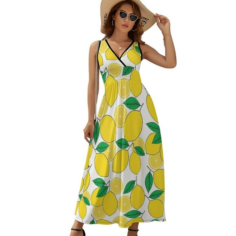 Lemon Print Dress Fashion Boho Beach Long Dresses Female Party