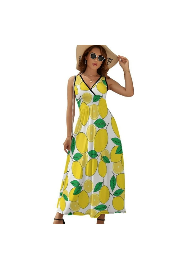 Lemon Print Dress Fashion Boho Beach Long Dresses Female Party Printed Maxi Dress