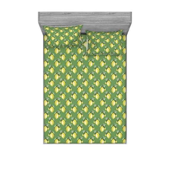Lemon Print Fitted Sheet & Pillow Sham Set, Vintage Design Citrus Fruit Pattern Repetitive Garden Inspired Art, Decorative Printed 3 Piece Bedding Decor, Full, Fern Green and Yellow, by Ambesonne