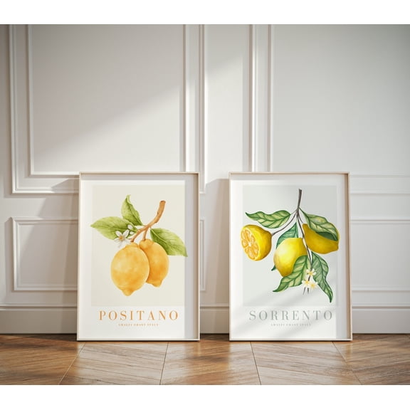 Lemon Print Italian Citrus Wall Art Set 2 Stretched Canvas 8x12