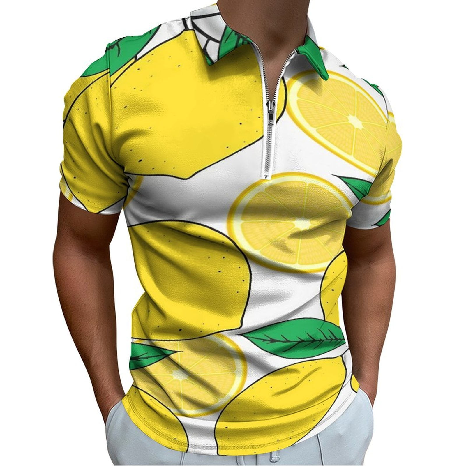 Lemon Print Lemon Leaves Men Zipper T-shirt Summer Casual Short