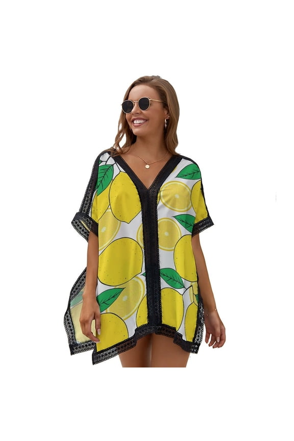 Lemon Print Lemon Leaves Women's Swimsuit Coverup Summer Beach Cover Up Bathing Suit Dress