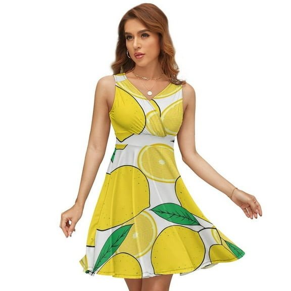 Lemon Print Lemon Leaves Women's Tank Dress V Neck Sleeveless Summer Sundress