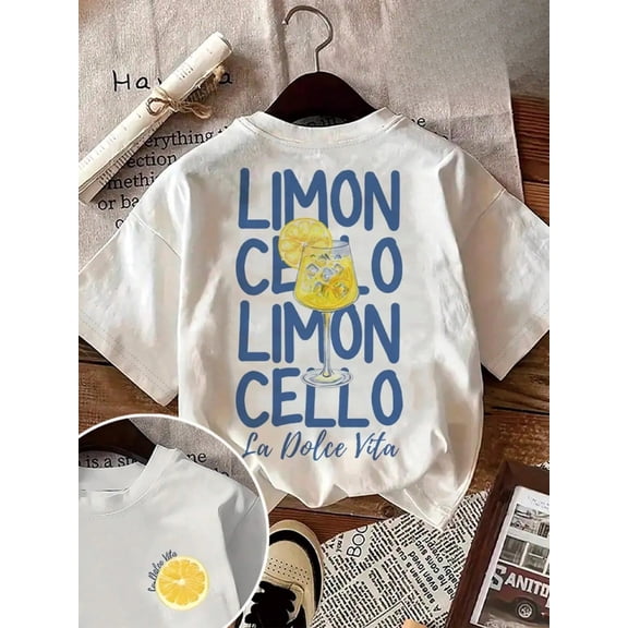 Lemon Print Round Neck Tee, Casual Short Sleeve Crew Neck Knit T-Shirt for Daily Wear, Women Plus Clothing for Summer, Top