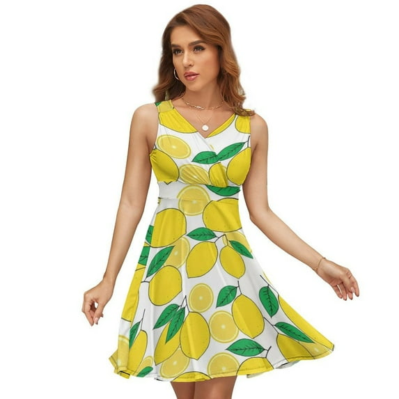Lemon Print Sleeveless Dress Women Summer Evening Dresses Ladies Sundress