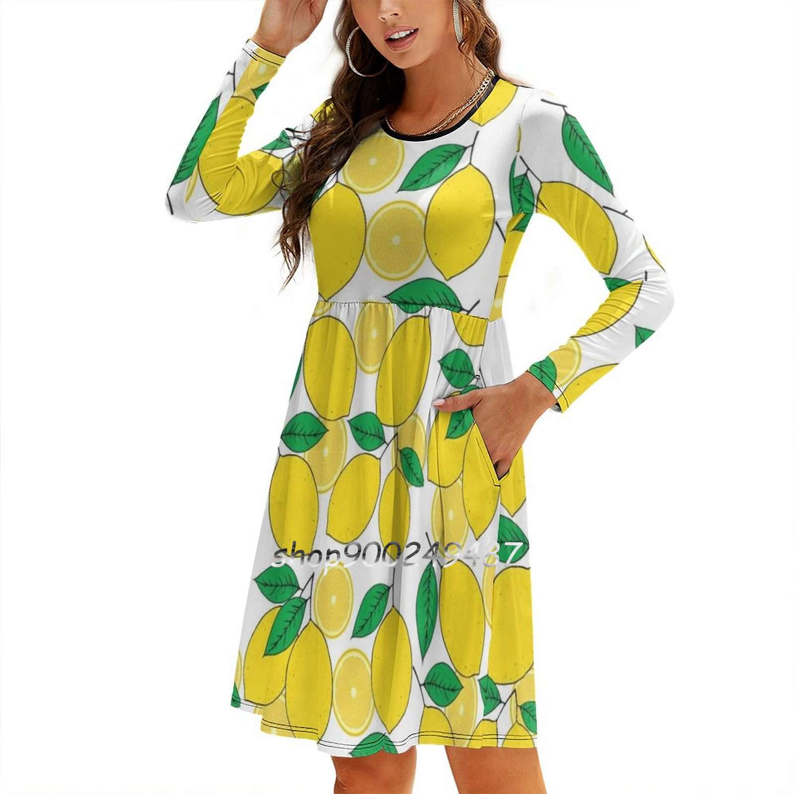Lemon Print Square Neck Dress New Plus Size Elegant Women Waist Tight Dress Lemon Yellow White Green Citrus Summer Spring Walmart