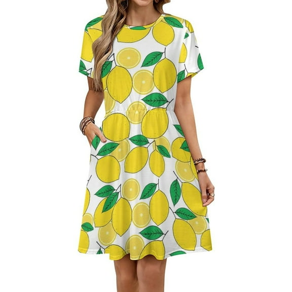 Lemon Print Sundress Short Sleeve Dress Summer Women Clothes Dress for Women Dresses