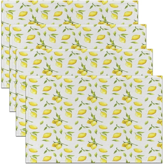 Lemon Print Table Place Mats, Set 18"x12" Lemon Botanical Placemats Set of 4 for Decor Leaf Placemat for Kitchen Dining Table Decor Indoor Outdoor Summer Fruit