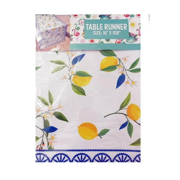 Lemon Print Table Runner Blue Accent 108" x 16" Creative Home and Kitchen