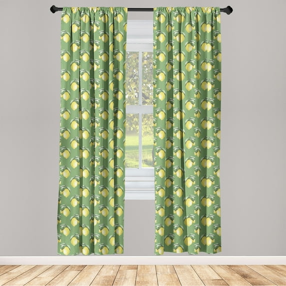 Lemon Print Window Curtains, Vintage Design Citrus Fruit Pattern Repetitive Garden Inspired Art, Lightweight Decor 2-Panel Set with Rod Pocket, Pair of - 28"x95", Fern Green and Yellow, by Ambesonne