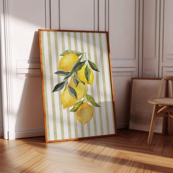 Lemon Print With Sage Green Stripes, Unframed Paper Poster 24x36in