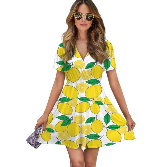 Lemon Print Women Dress V-Neck Short Sleeve Flowy Swing Party Midi Dress