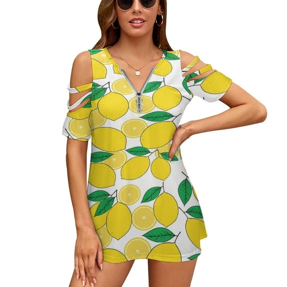 Lemon Print Womens Summer V Neck Zipper Top Short Sleeve T Shirt Off Shoulder Top Casual Classy Loose Shirts