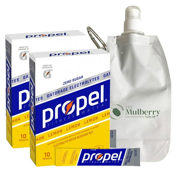 Lemon Propel Powder Packets Drink Mix Flavor 2 Pack Bundle Includes Gatorade With Vitamin, Electrolyte, And Zero Sugar With 16.9 OZ Collapsible Water Bottle For Sports Hydration By The Mulberry Shop