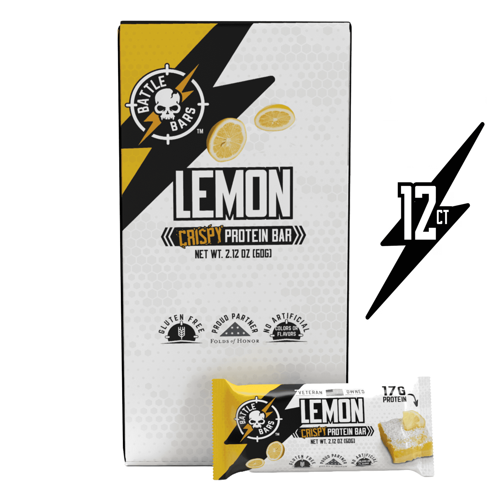 Battle Bars Lemon Marshmallow-Crisp Protein Bars, 12 Pack, 2.10oz, 16g Whey Protein, Gluten Free