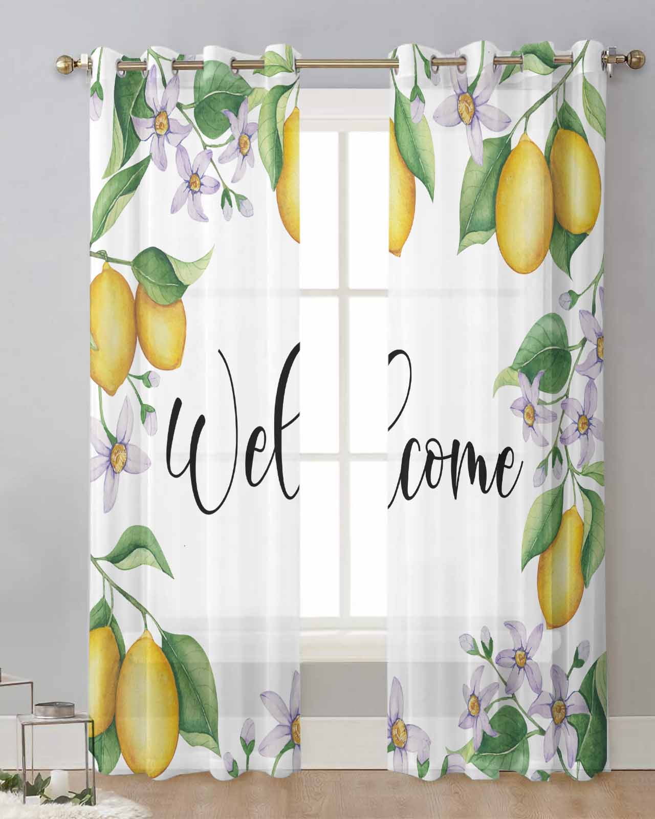 Lemon Purple Flowers Summer Green Pastoral Modern Tulle Curtains Voile