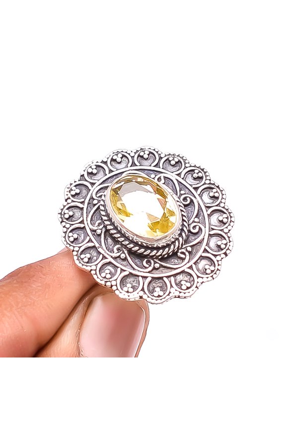 Lemon Quartz Designer Handmade Oxidised 925 Sterling Silver Ring S.6 R45