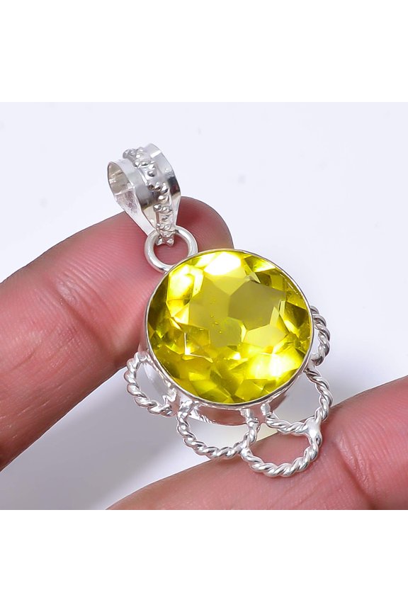 Lemon Quartz Gemstone 925 Sterling Silver Handmade Pendant 1.76" P60