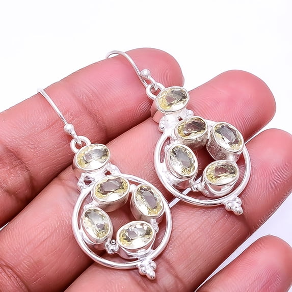 Lemon Quartz Multi Collet 925 Silver Plated Earring 1.83", Lemon Lemon Quartz Earring E_8026_331_9