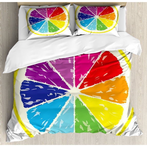 Lemon Queen Size Duvet Cover Set, Cross Sectional View of Partioned Citrus with Transitioned Rainbow Colors Slice Frame, Decorative 3 Piece Bedding Set with 2 Pillow Shams, Multicolor, by Ambesonne