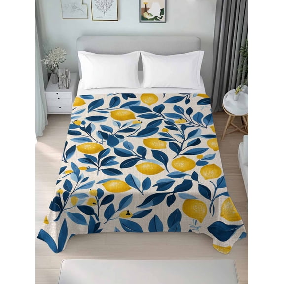 Lemon Queen Size Flat Sheet, Wrinkleproof & Fadeproof Cooling Flat Bed Sheet Only, Watercolor Yellow Blue Fruit Branch Flower Breathable Soft Bedding Top Sheets 90 x 102 Inches