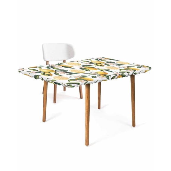 Lemon Rectangle Tablecloth, Waterproof Elastic Fitted Table Covers for 4 Foot Tables, 24x50inch Decorative Tablecloths for Picnic, Camping, Indoor, Outdoor, Yellow Fruit Watercolor Modern Flower Leaf