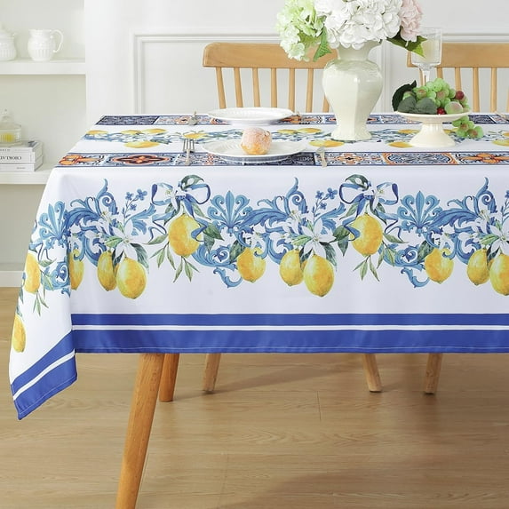 Lemon Rectangle Tablecloths 60"x102" Stain & Water Resistant Summer Covers, White Polyester Decorations for Dining, Party, Picnic, Indoor/Outdoor