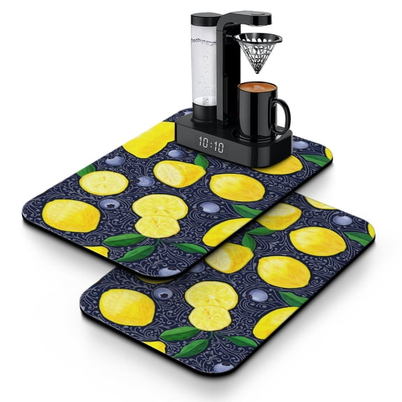 Lemon Retro Dish Drying Mat, Cute Yellow Floral Pattern Absorbent Kitchen Mat