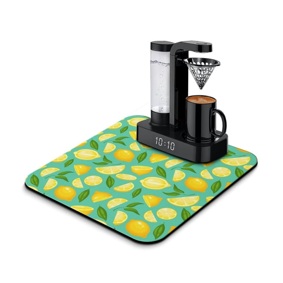 Lemon Retro Dish Drying Mat, Cute Yellow Floral Pattern Absorbent Kitchen Mat