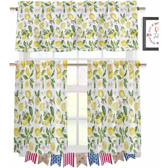Lemon Rod Pocket Kitchen Curtain Valance and Tiers Set,Summer Fruits Green Leaves Plant Design 3 Piece Rod Pocket Kitchen Window Treatment Curtain Tier and Valance Set 24" Long