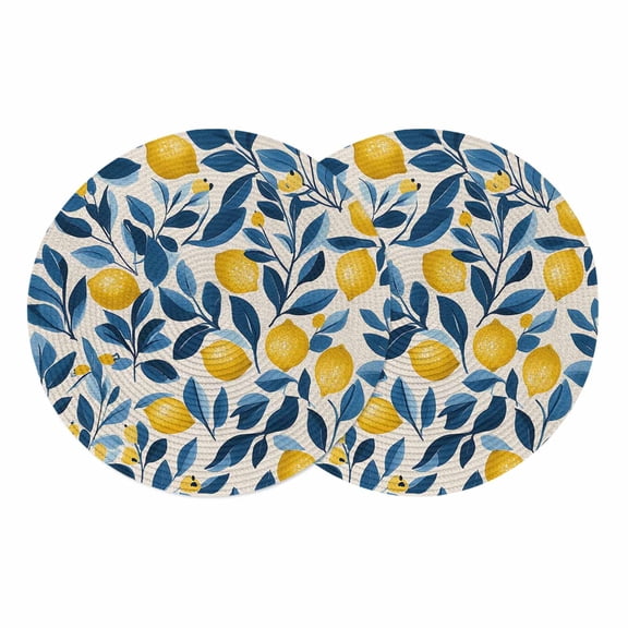 Lemon Round 13 Inch Placemats Set of 2, Watercolor Yellow Blue Fruit Branch Flower HeatResistant Non Slip Place Mats for Dining Table, Wipeable Braided Kitchen Table Mats for Housewarming